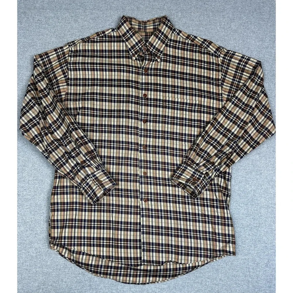 Gitman Bros Shirt Mens Large Beige Plaid‎ Twill Button Down Long Sleeve Pocket